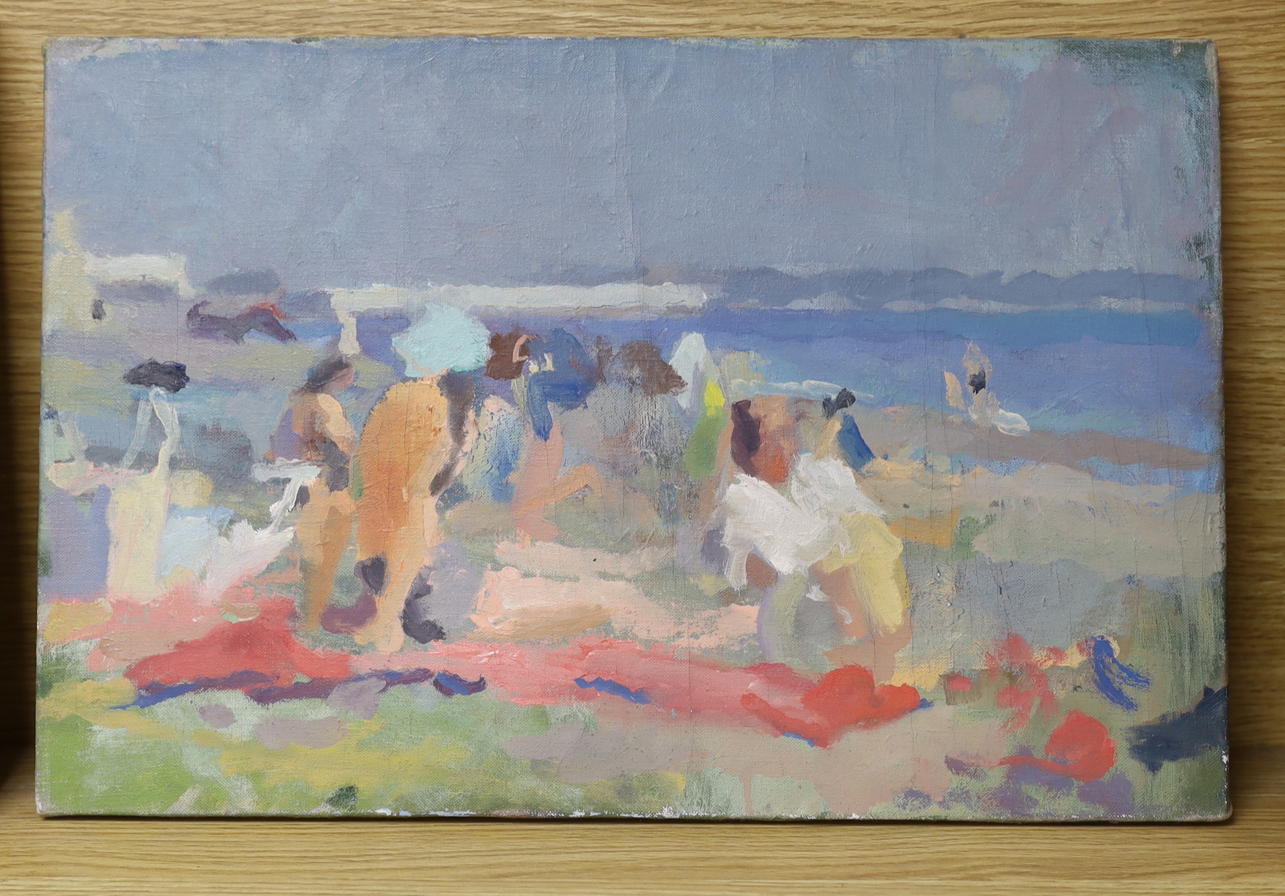 John Harvey (b.1935), oil on canvas, Figures on the beach, artist stamp verso, 30 x 46cm, unframed